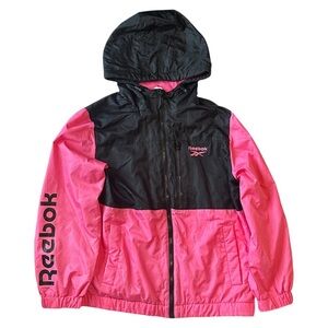 Reebok Fleece-Lined Hooded Zip-Up Windbreaker Jacket Hot Pink/Black Womens Large